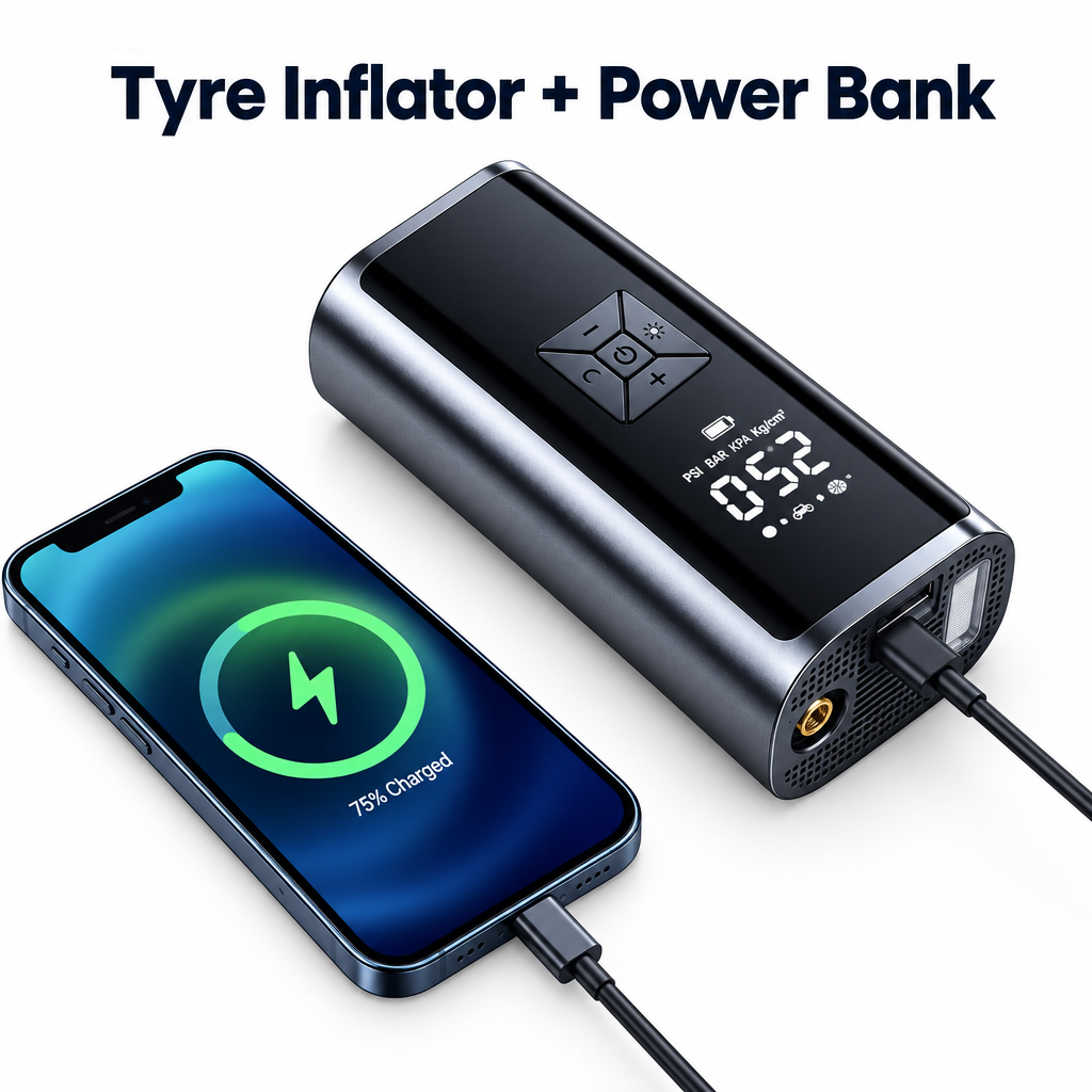 Tyre Inflator Power Bank White Background